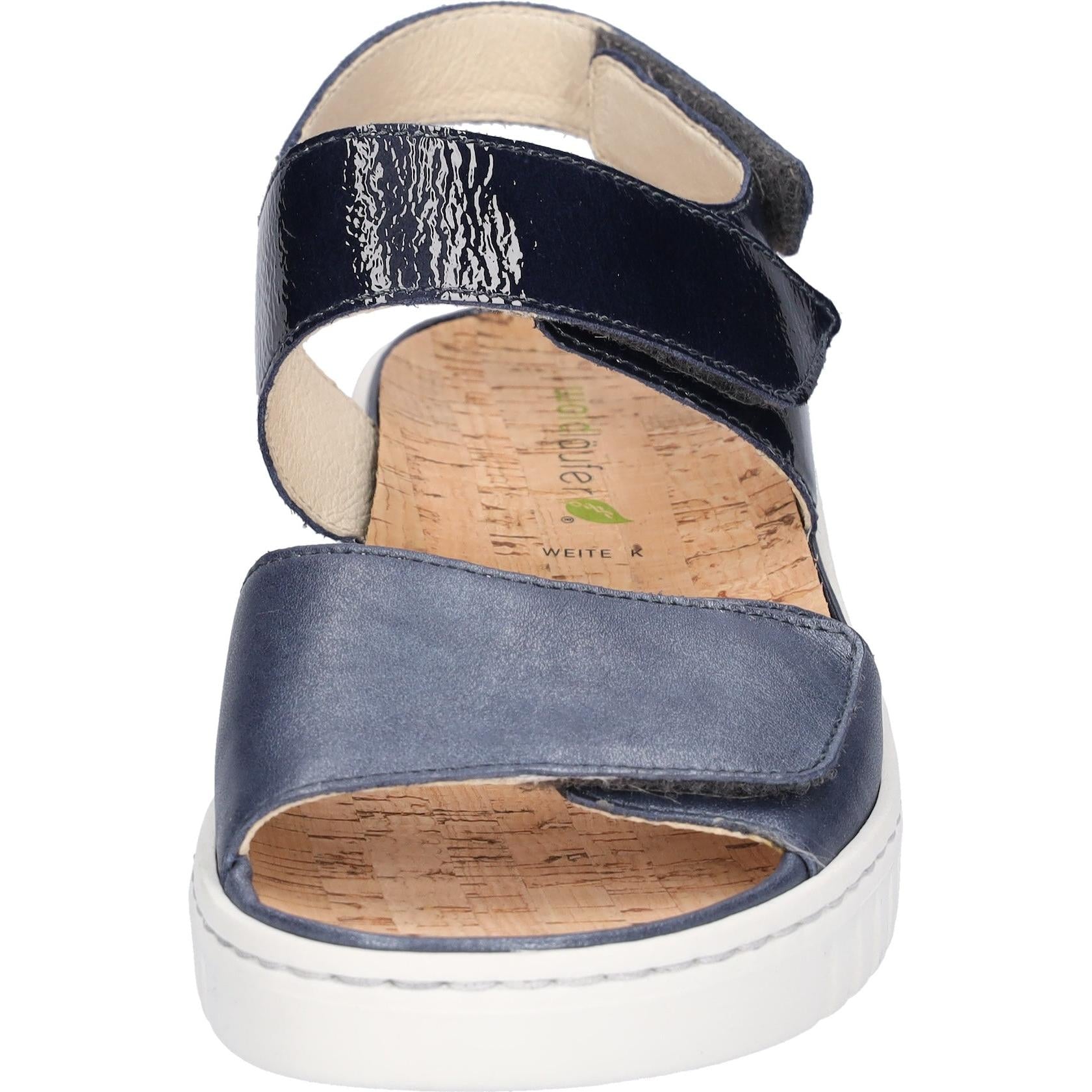 Waldlaufer Willow women's wide navy blue leather touch fastening sandals with arch support and cork footbed.