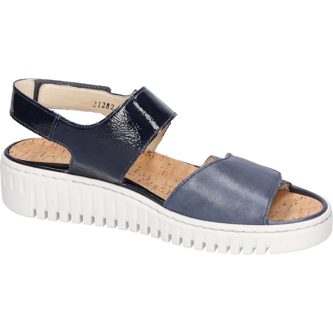 Waldlaufer Women's Navy Blue Leather Touch Fastening Sandals with Arch Support and Thick White Sole