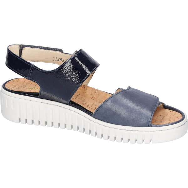 Waldlaufer Women's Navy Blue Leather Touch Fastening Sandals with Arch Support and Thick White Sole