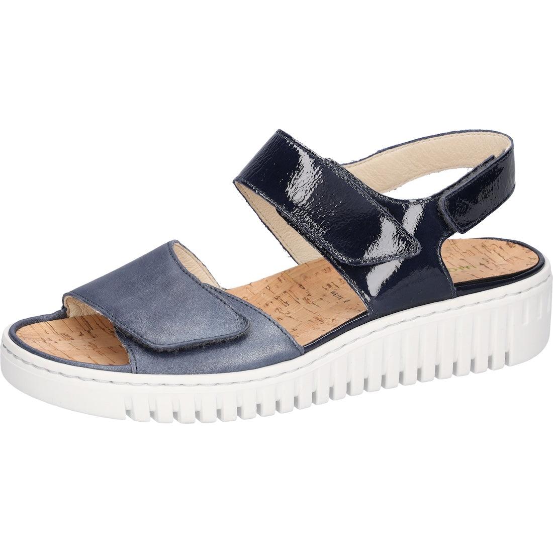 Waldlaufer ladies wide navy blue leather sandals with arch support, touch fasten straps, cork footbed, and chunky white rubber sole.