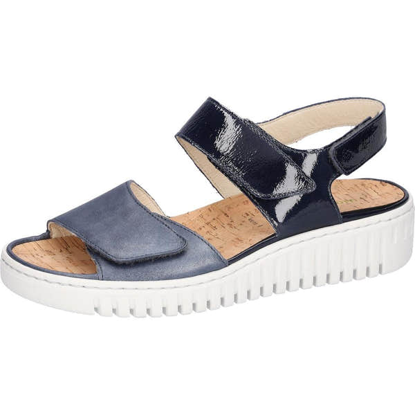 Waldlaufer ladies wide navy blue leather sandals with arch support, touch fasten straps, cork footbed, and chunky white rubber sole.