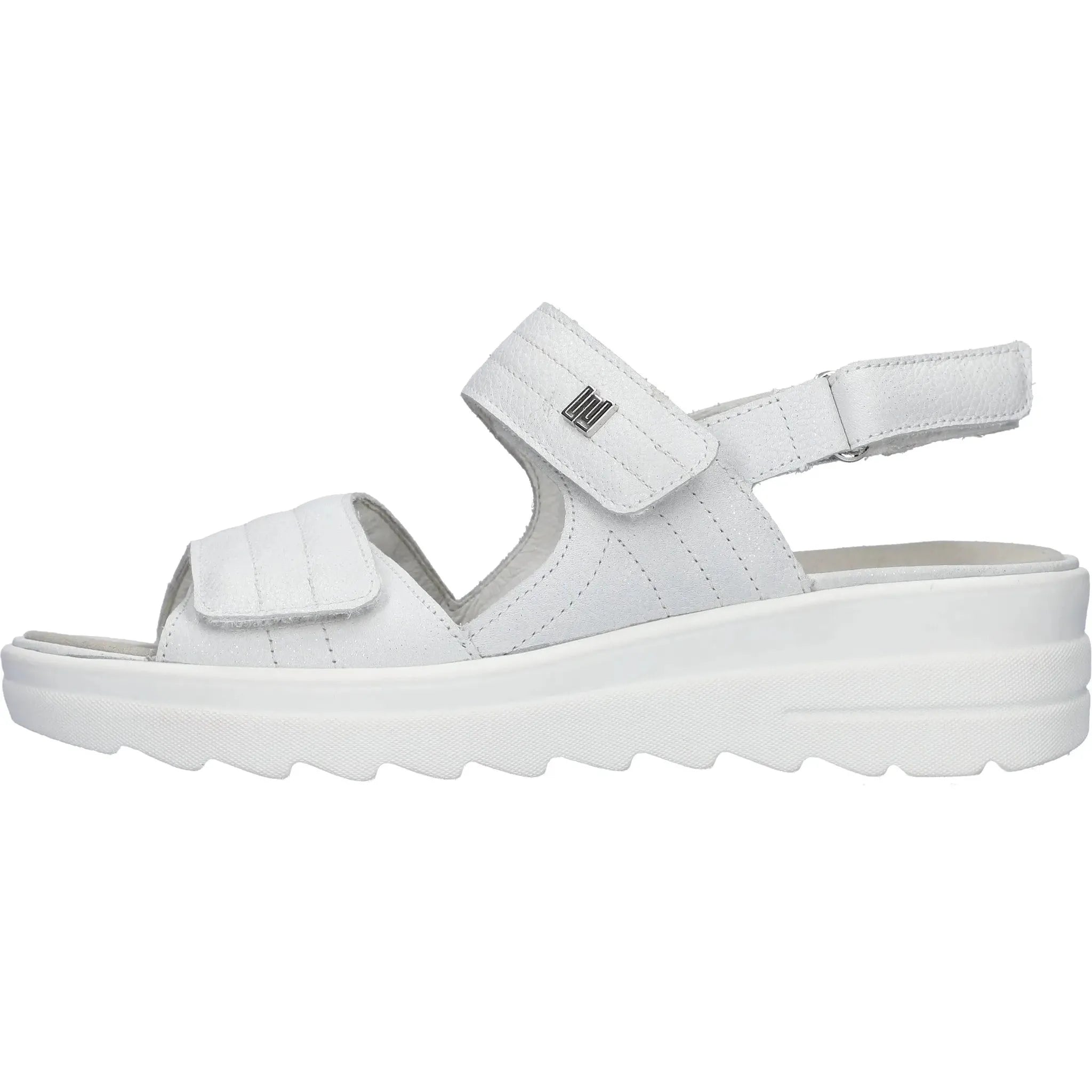 Alt text: Waldlaufer 962001 189 148 H-Izzy women's off-white leather touch-fastening sandals, wide fit with adjustable straps.
