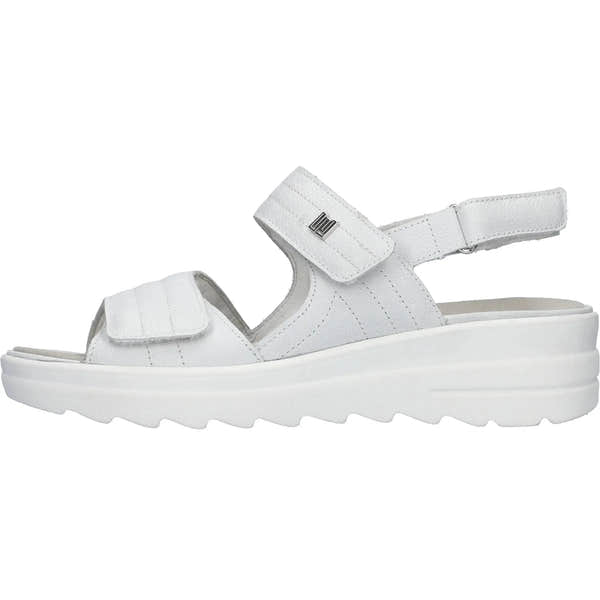 Alt text: Waldlaufer 962001 189 148 H-Izzy women's off-white leather touch-fastening sandals, wide fit with adjustable straps.