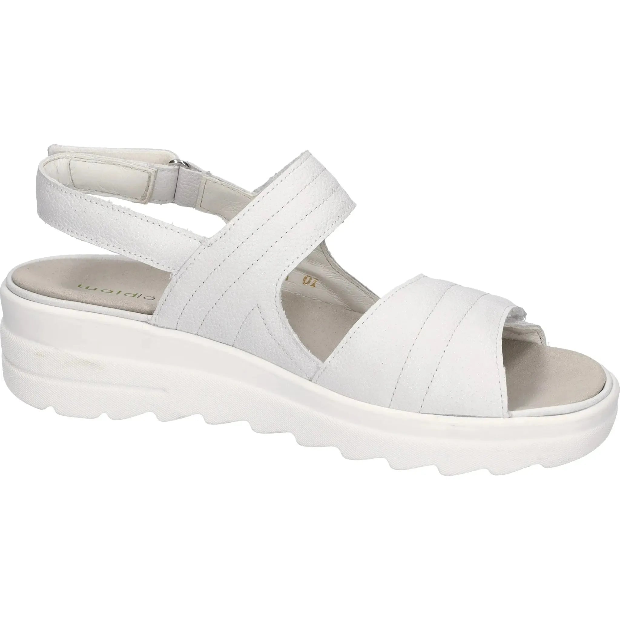 Alt text: Waldlaufer 962001 189 148 H-Izzy women's off-white leather touch fastening sandals with wide straps and chunky sole.