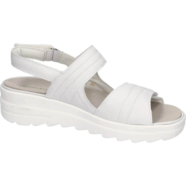 Alt text: Waldlaufer 962001 189 148 H-Izzy women's off-white leather touch fastening sandals with wide straps and chunky sole.