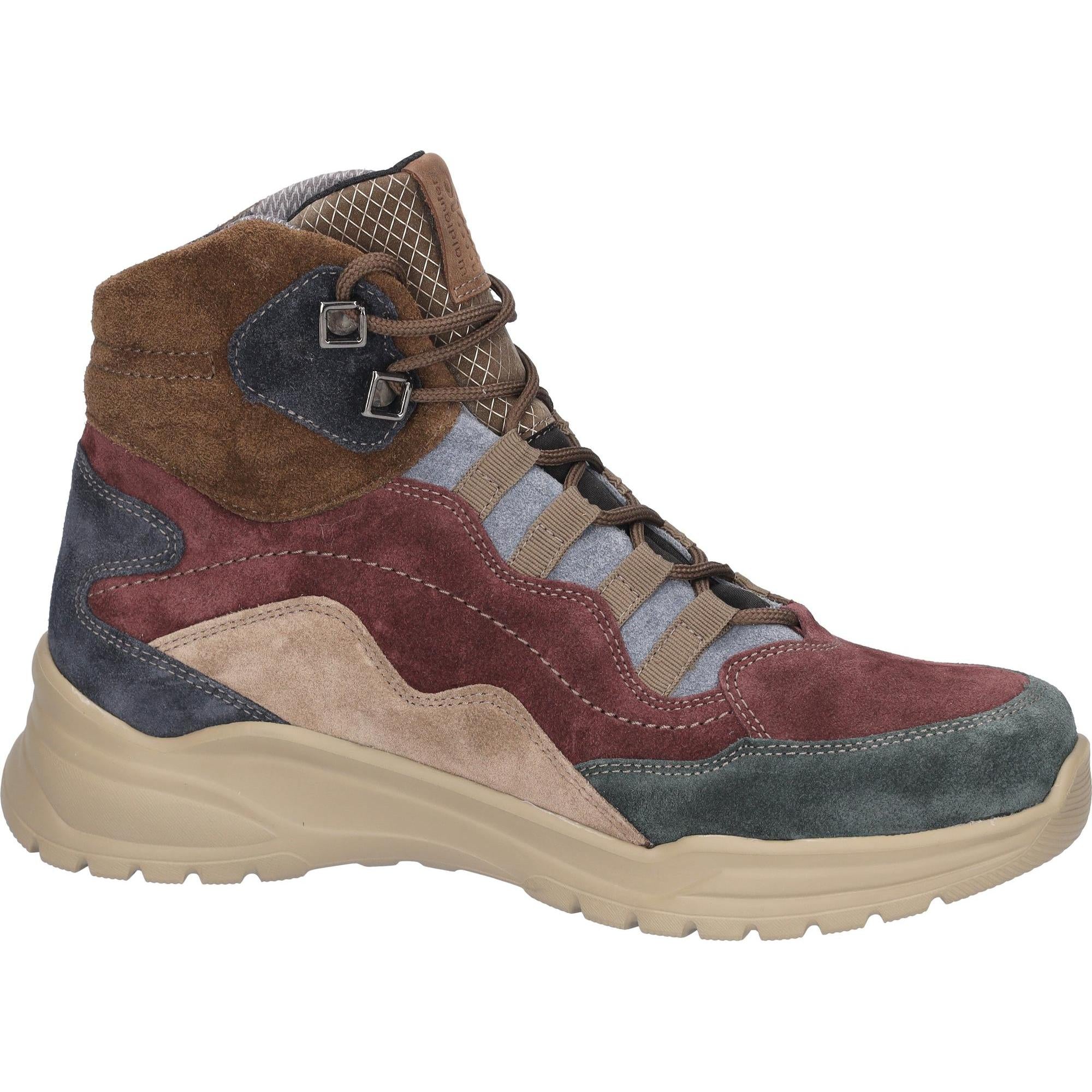 Waldlaufer women's waterproof ankle boots with multi-color suede, lace-up design, arch support, and chunky rubber sole.