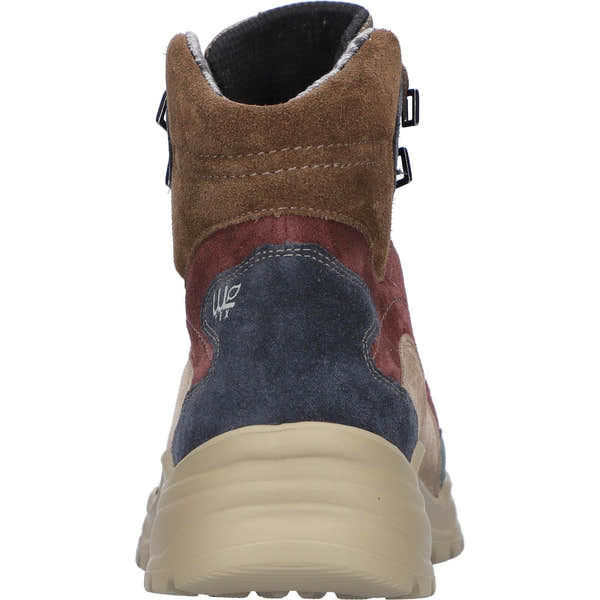 Waldlaufer Women's waterproof ankle boots with multi-colored suede, arch support, lace-up design, wide fit, and sturdy cream sole.