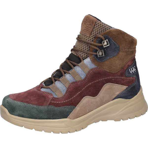 Waldlaufer women's waterproof ankle boot with multi-colored suede, arch support, lace-up design, and rugged tan sole.