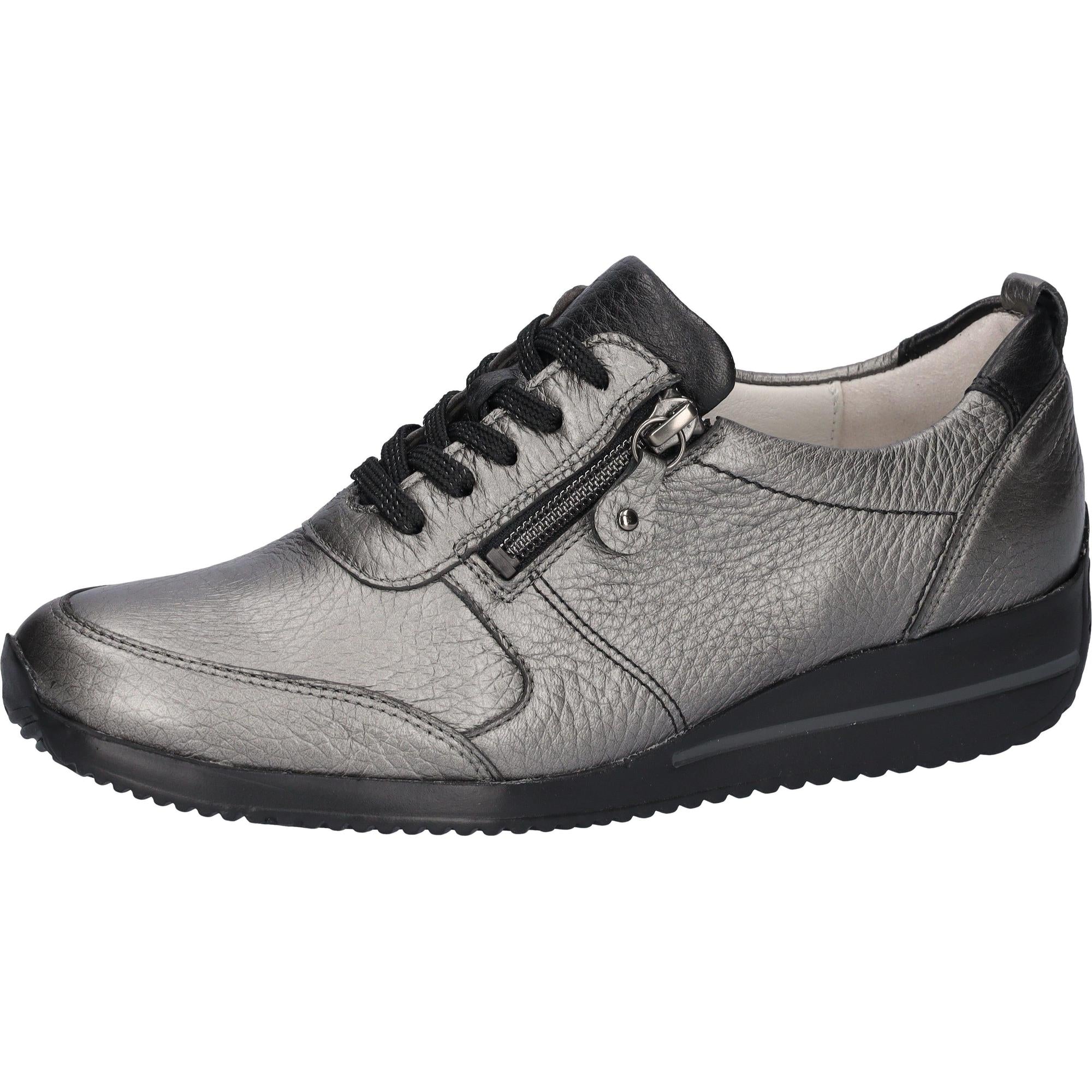 Waldlaufer Himona women's wide-fit grey leather arch support shoes with zipper and lace-up design.