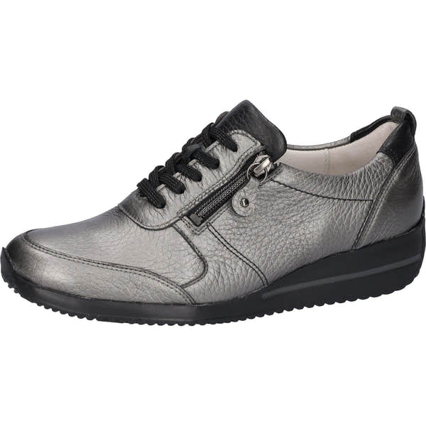 Waldlaufer Himona women's wide-fit grey leather arch support shoes with zipper and lace-up design.