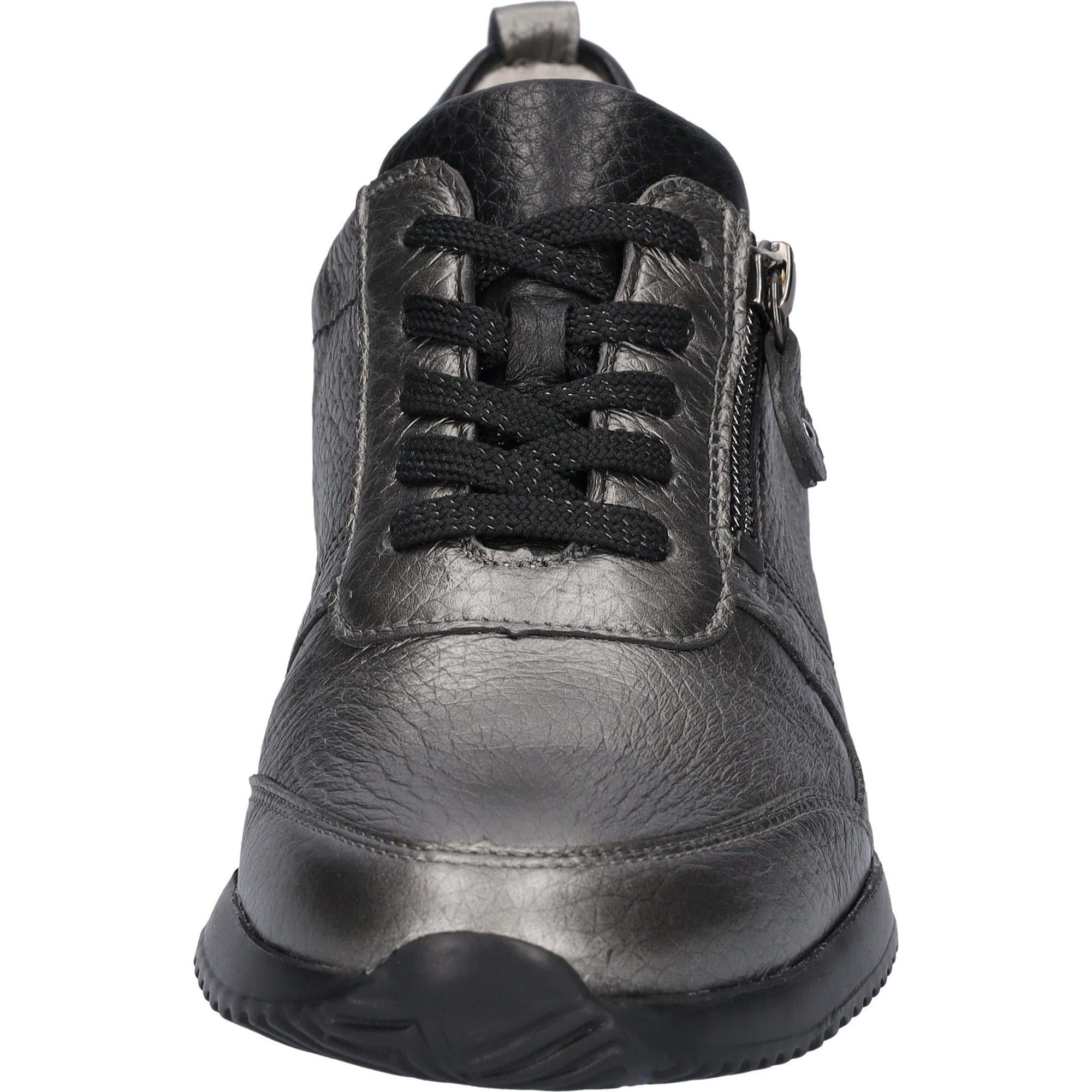Waldlaufer Himona Ladies Wide Grey Leather Arch Support Zip & Lace Shoes, front view with textured leather and sole.