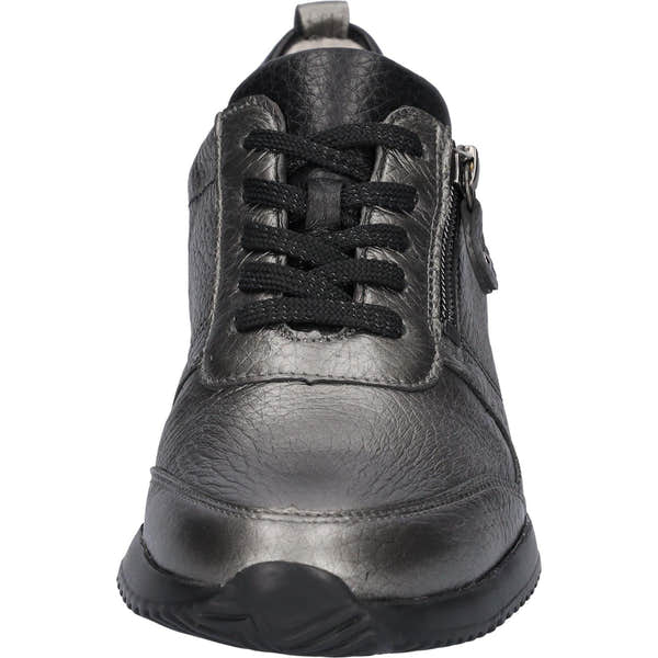 Waldlaufer Himona Ladies Wide Grey Leather Arch Support Zip & Lace Shoes, front view with textured leather and sole.