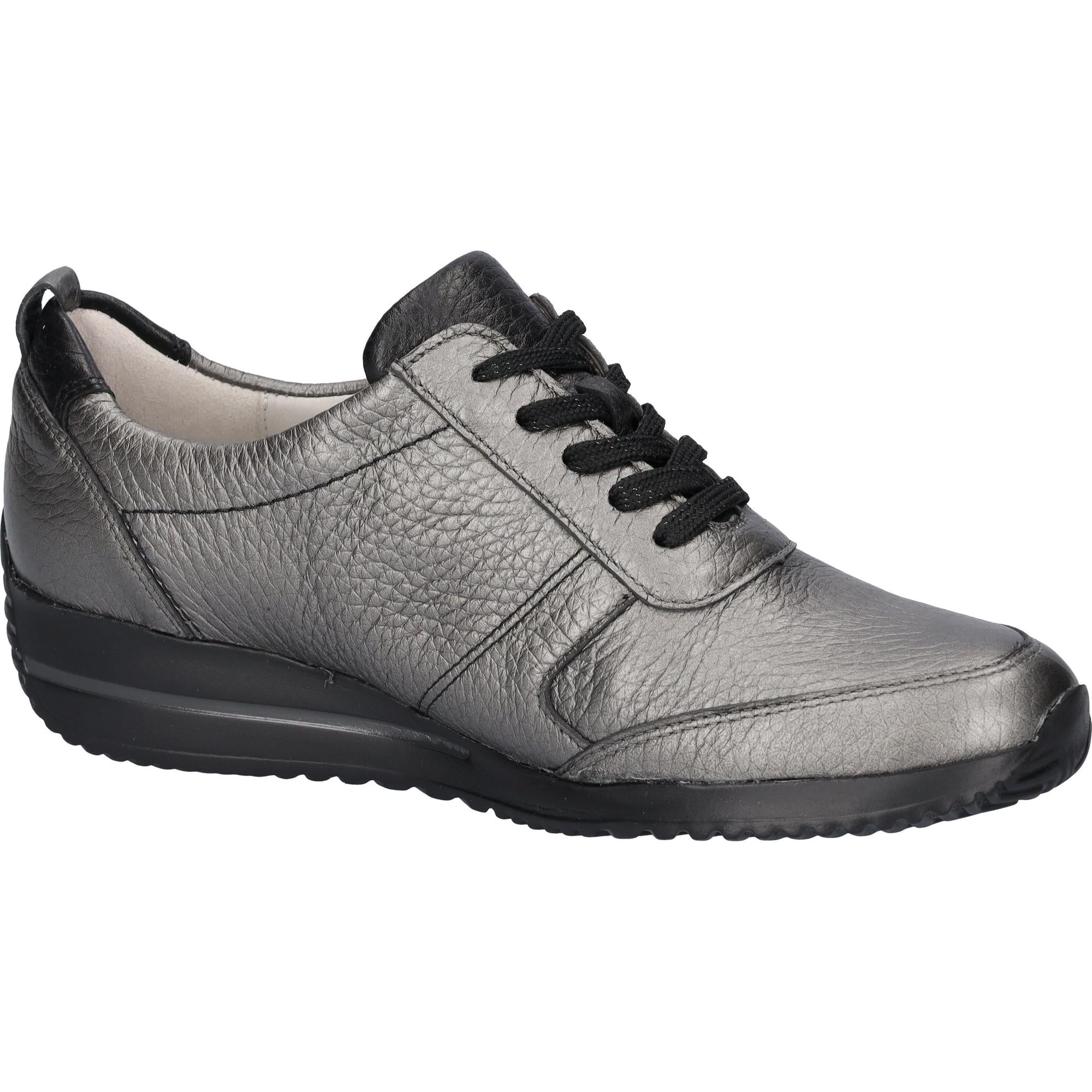 Waldlaufer Himona women's wide fit grey leather shoes with zip and lace, arch support, casual slip-on style.