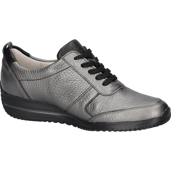Waldlaufer Himona women's wide fit grey leather shoes with zip and lace, arch support, casual slip-on style.