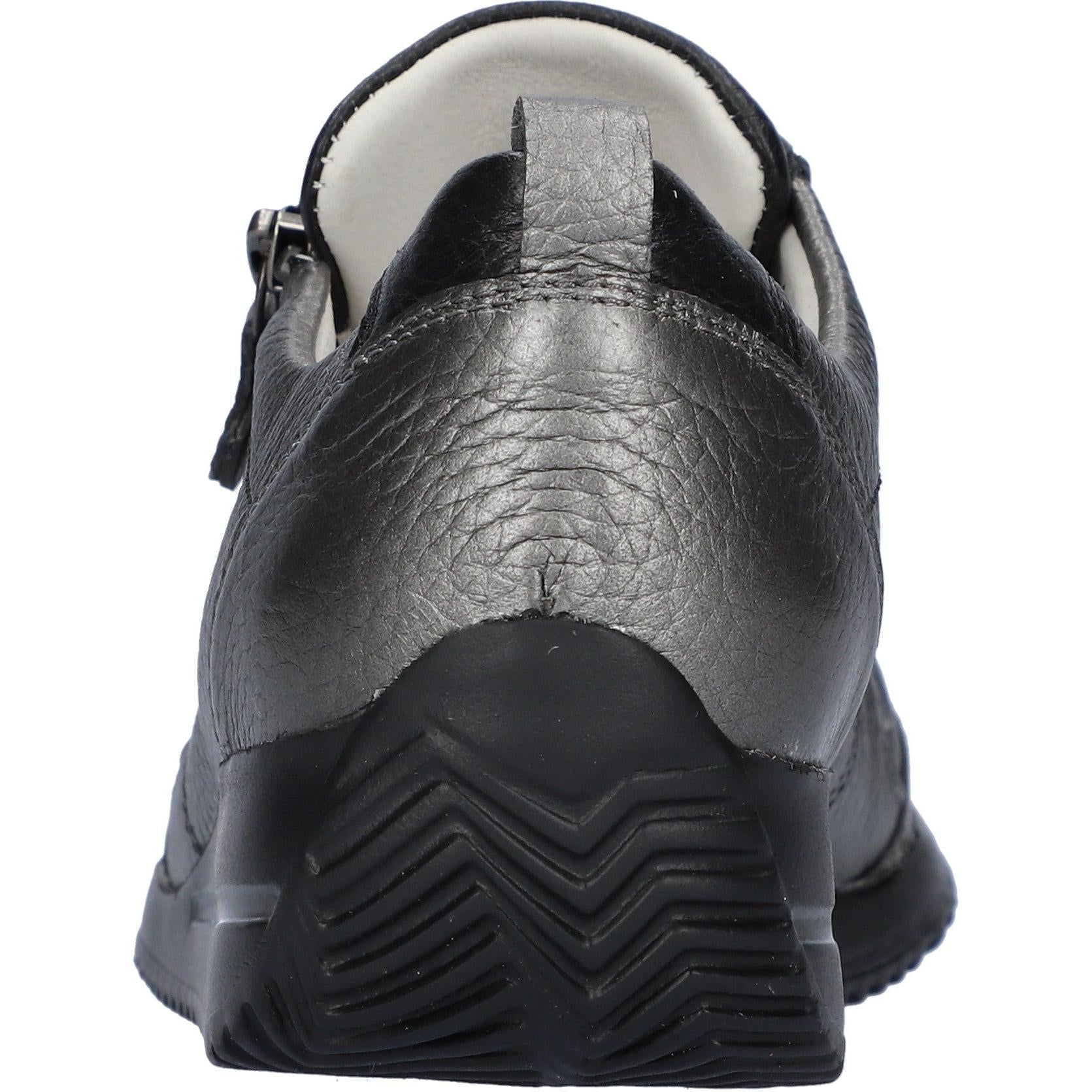 Waldlaufer Himona women's wide-fit grey leather shoes with arch support, zip and lace closure, featuring a durable rubber sole.