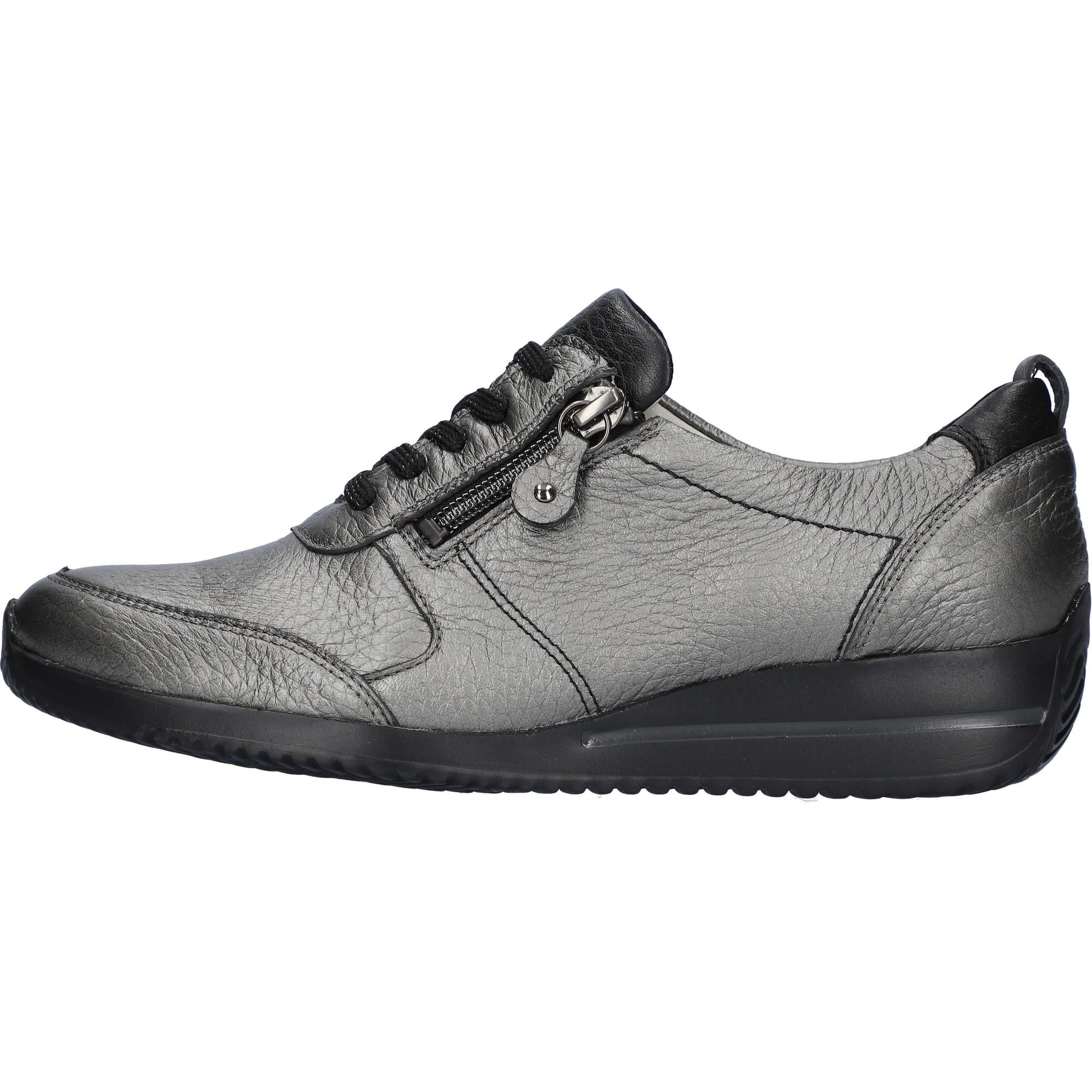 Waldlaufer Himona women's wide fit grey leather casual shoe with arch support, zip and lace closure, and cushioned sole.