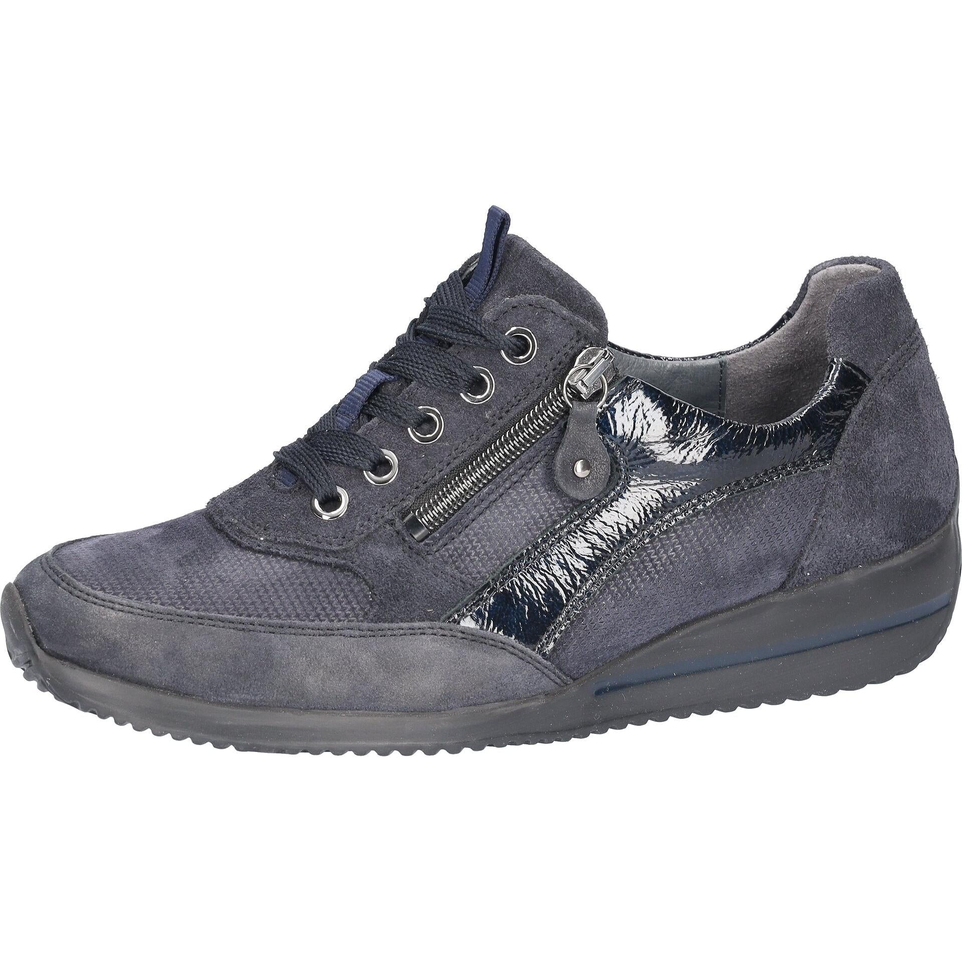 Waldlaufer 980008 612 341 Himona women's Wide Navy Blue Leather Arch Support Zip & Lace Trainers, inner side view.