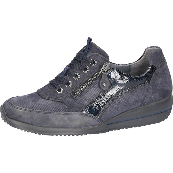 Waldlaufer 980008 612 341 Himona women's Wide Navy Blue Leather Arch Support Zip & Lace Trainers, inner side view.