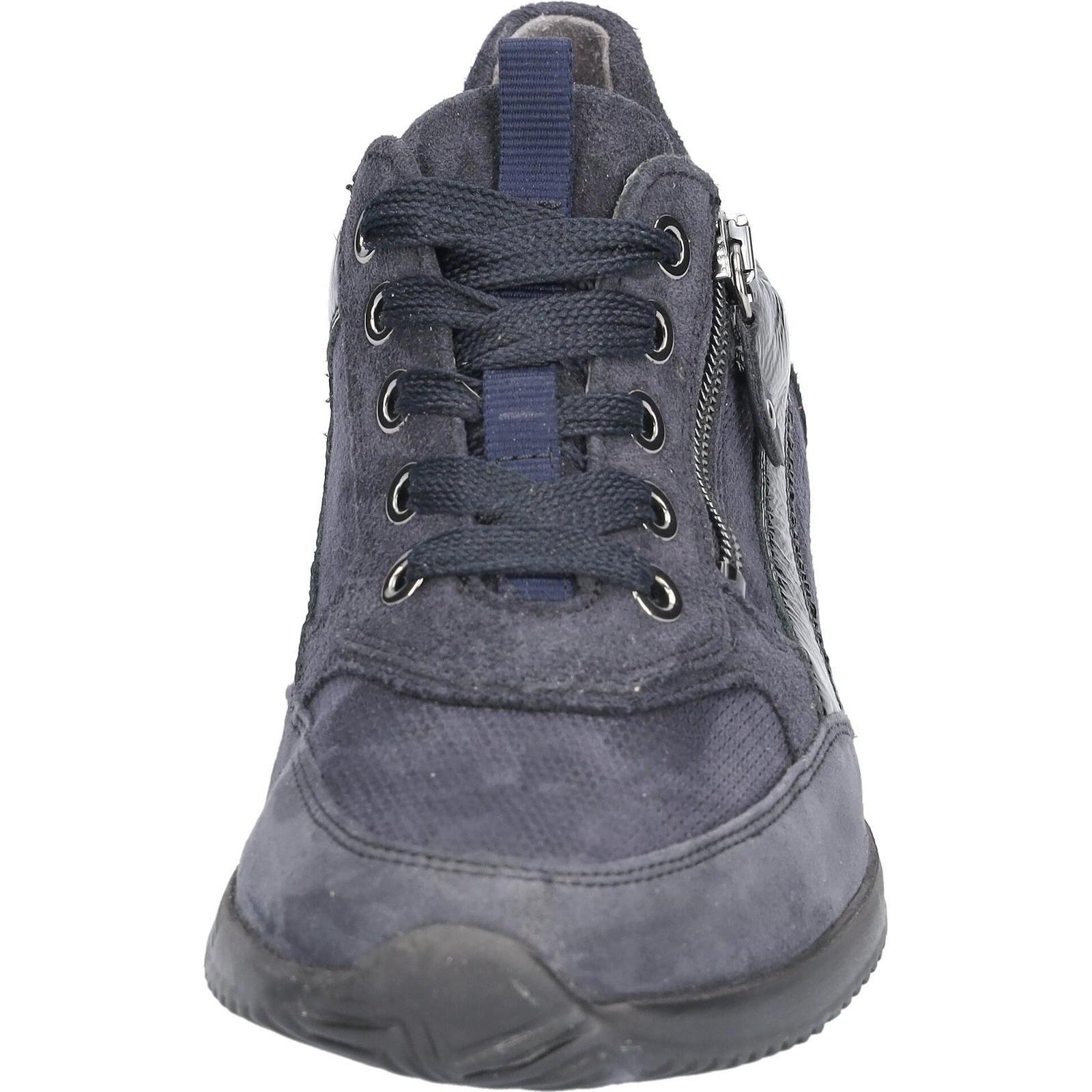 Waldlaufer 980008 612 341 Himona women's Wide Navy Blue Leather Arch Support Zip & Lace Trainers, outer side view.