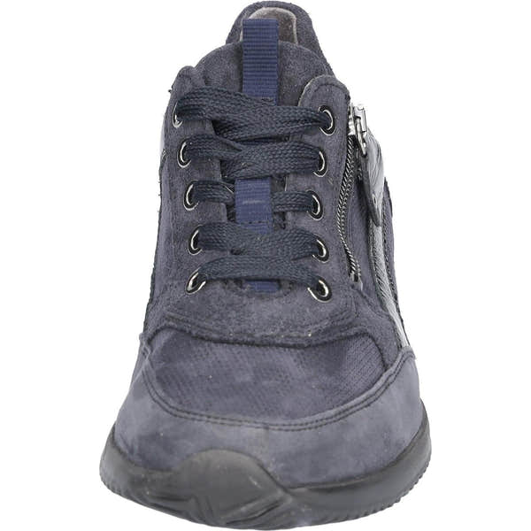 Waldlaufer 980008 612 341 Himona women's Wide Navy Blue Leather Arch Support Zip & Lace Trainers, outer side view.