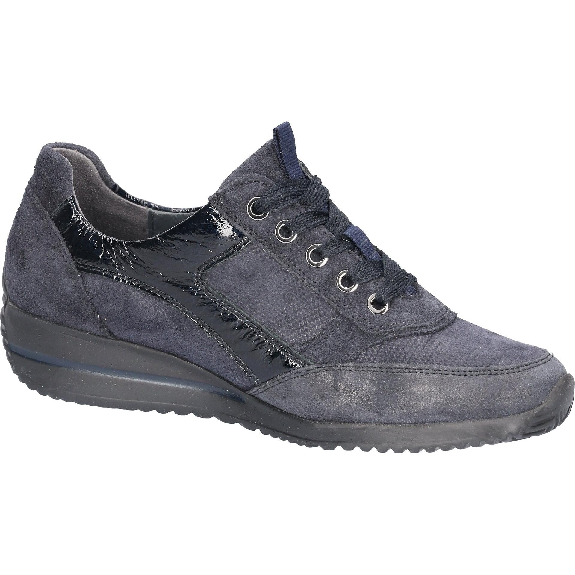 Waldlaufer 980008 612 341 Himona women's Wide Navy Blue Leather Arch Support Zip & Lace Trainers, rear three-quarter view.