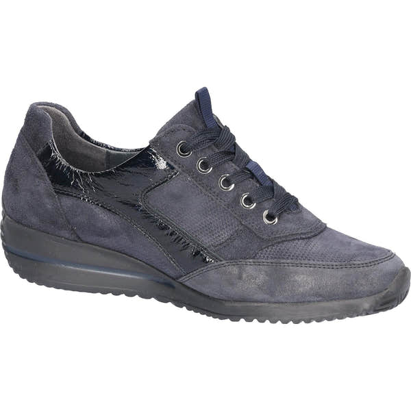 Waldlaufer 980008 612 341 Himona women's Wide Navy Blue Leather Arch Support Zip & Lace Trainers, rear three-quarter view.