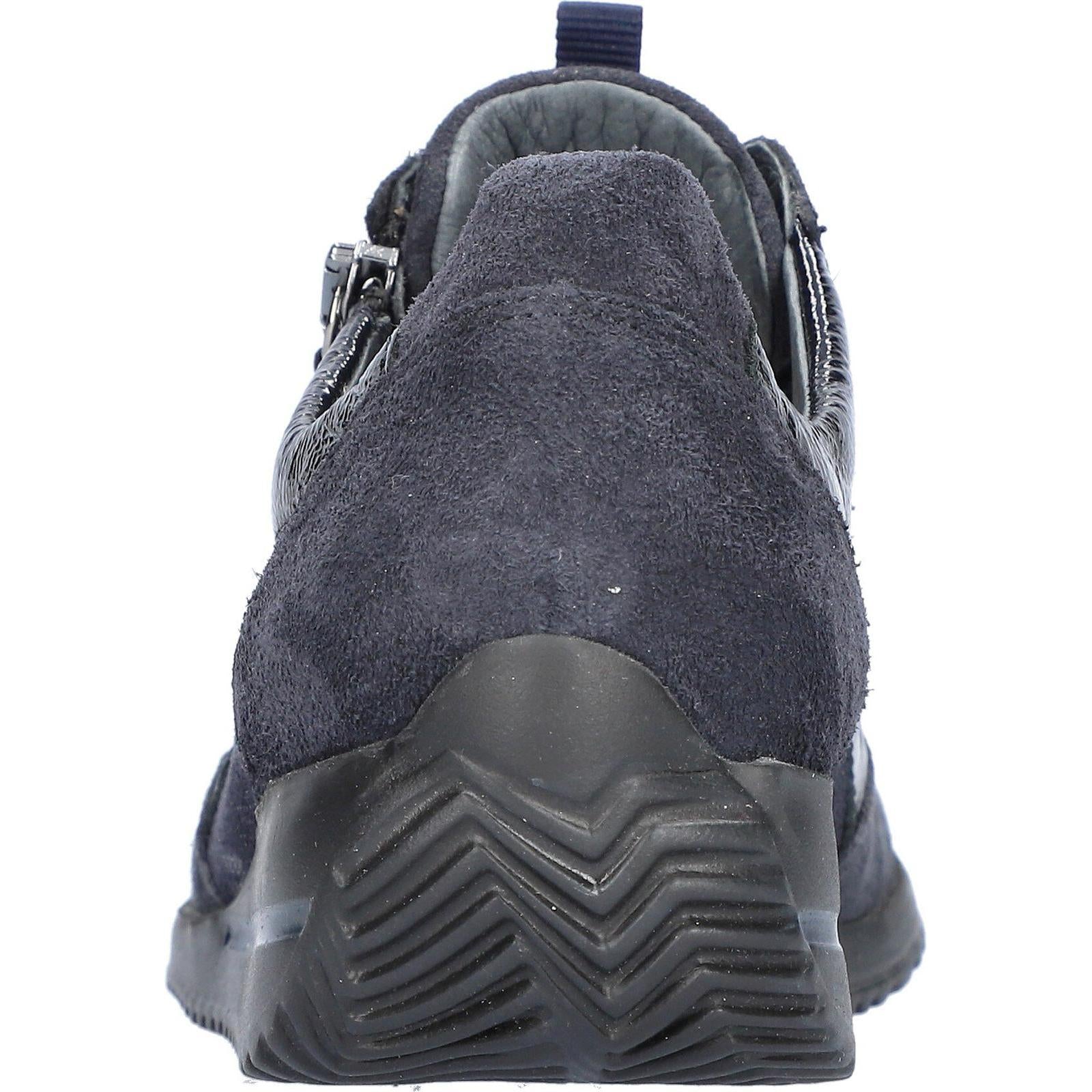Waldlaufer 980008 612 341 Himona women's Wide Navy Blue Leather Arch Support Zip & Lace Trainers, top and fastening detail.
