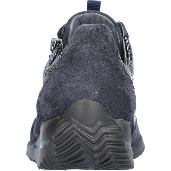 Waldlaufer 980008 612 341 Himona women's Wide Navy Blue Leather Arch Support Zip & Lace Trainers, top and fastening detail.