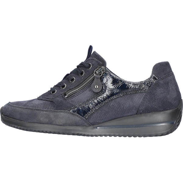 Waldlaufer 980008 612 341 Himona women's Wide Navy Blue Leather Arch Support Zip & Lace Trainers, front three-quarter view.