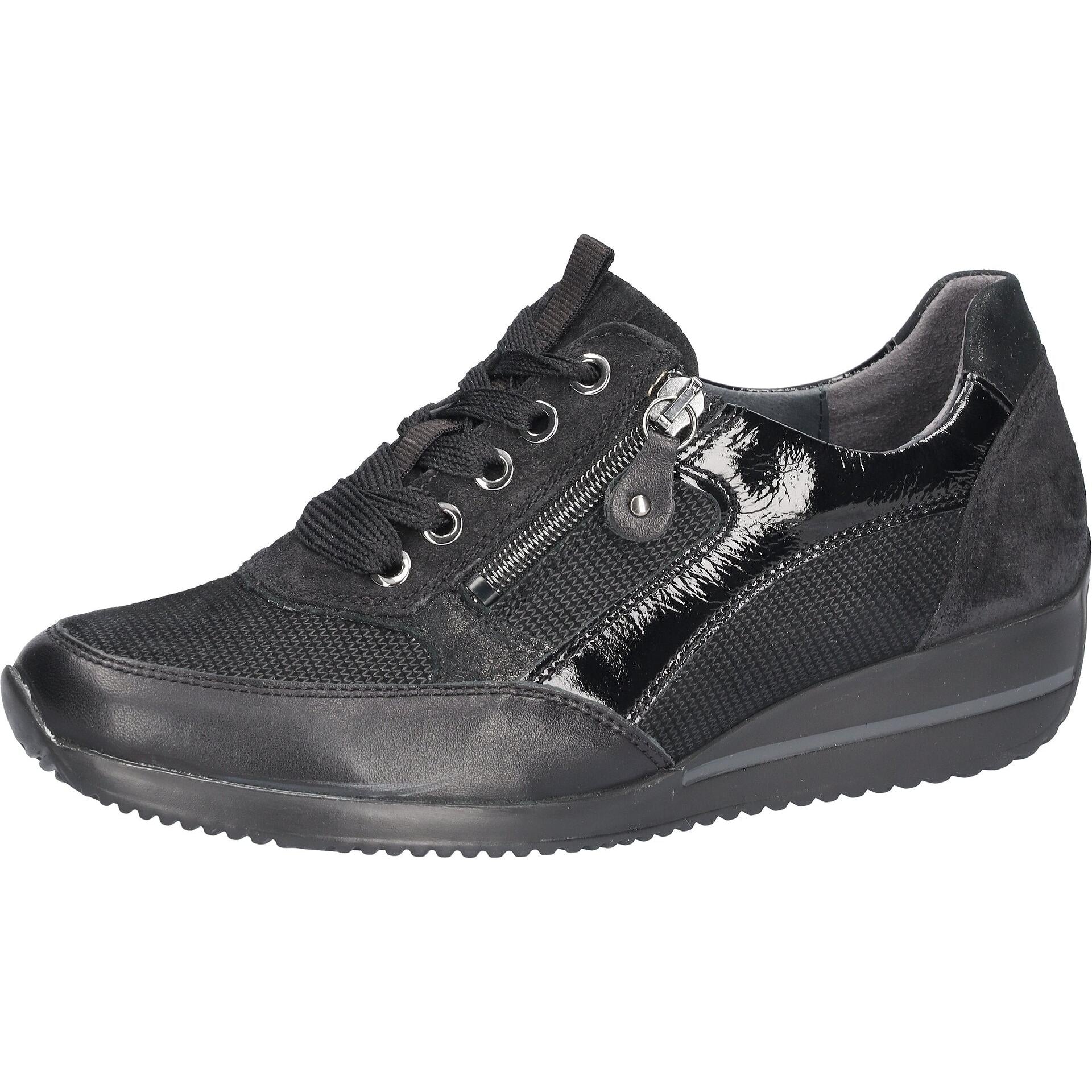 Waldlaufer 980008 613 001 Himona women's Wide Black Leather Arch Support Zip & Lace Trainers, inner side view.