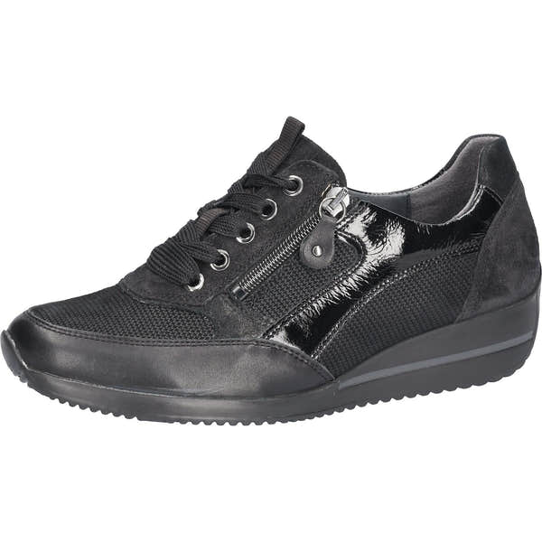 Waldlaufer 980008 613 001 Himona women's Wide Black Leather Arch Support Zip & Lace Trainers, inner side view.