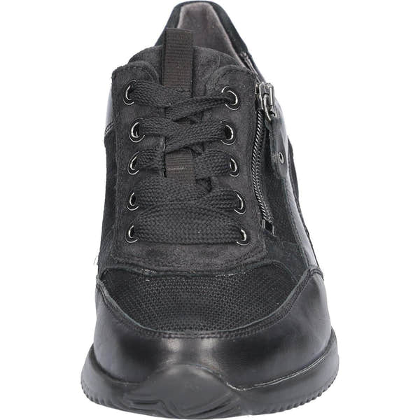 Waldlaufer 980008 613 001 Himona women's Wide Black Leather Arch Support Zip & Lace Trainers, outer side view.