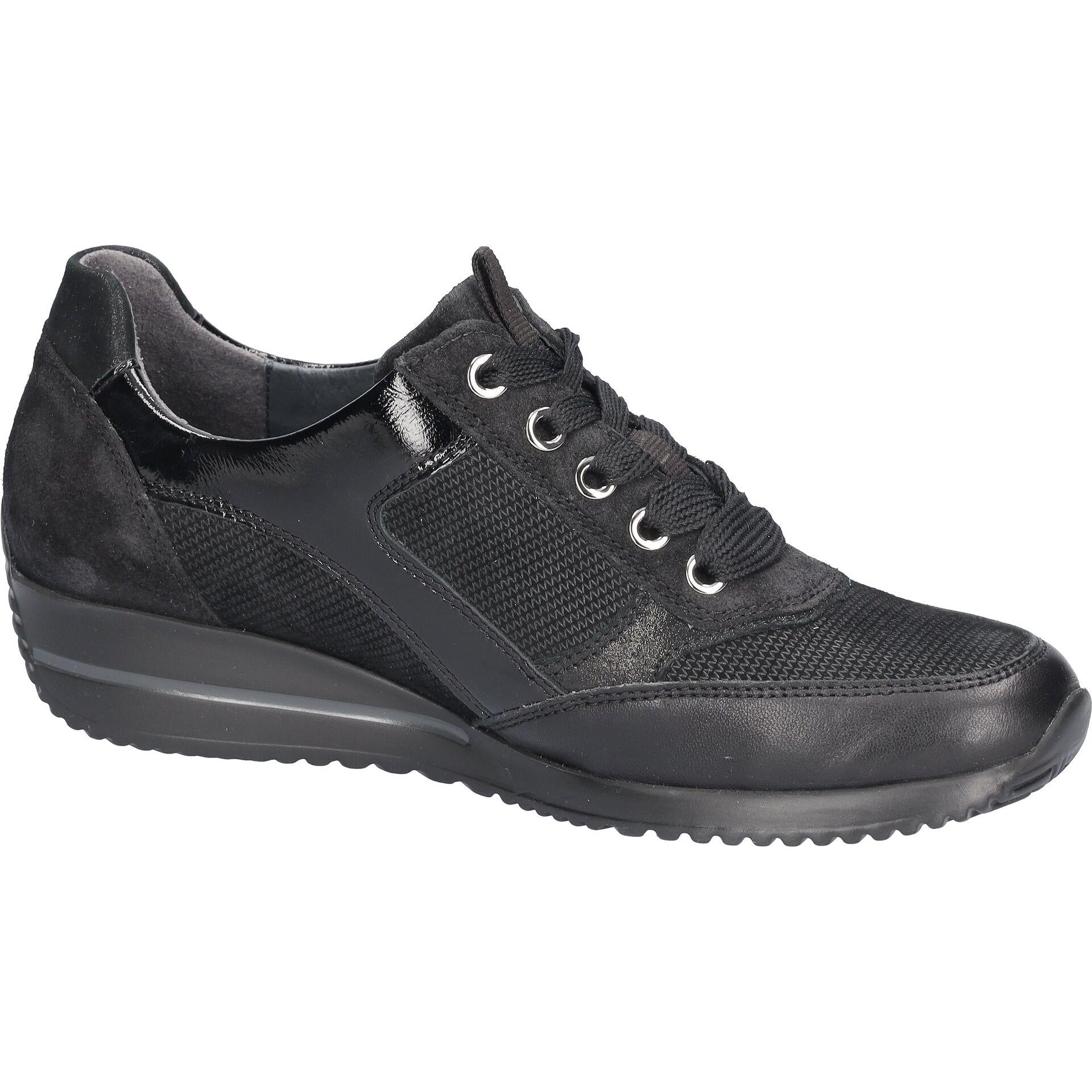 Waldlaufer 980008 613 001 Himona women's Wide Black Leather Arch Support Zip & Lace Trainers, rear three-quarter view.