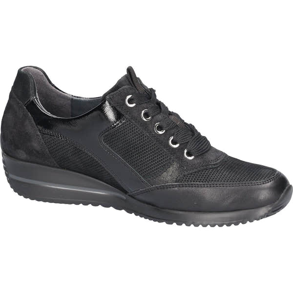Waldlaufer 980008 613 001 Himona women's Wide Black Leather Arch Support Zip & Lace Trainers, rear three-quarter view.