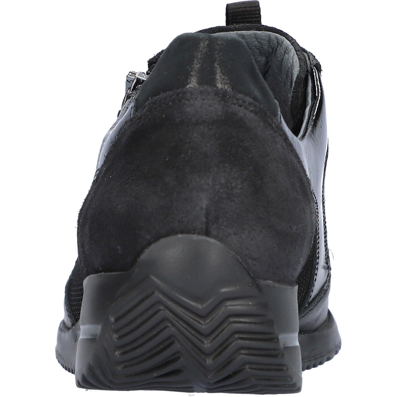 Waldlaufer 980008 613 001 Himona women's Wide Black Leather Arch Support Zip & Lace Trainers, top and fastening detail.