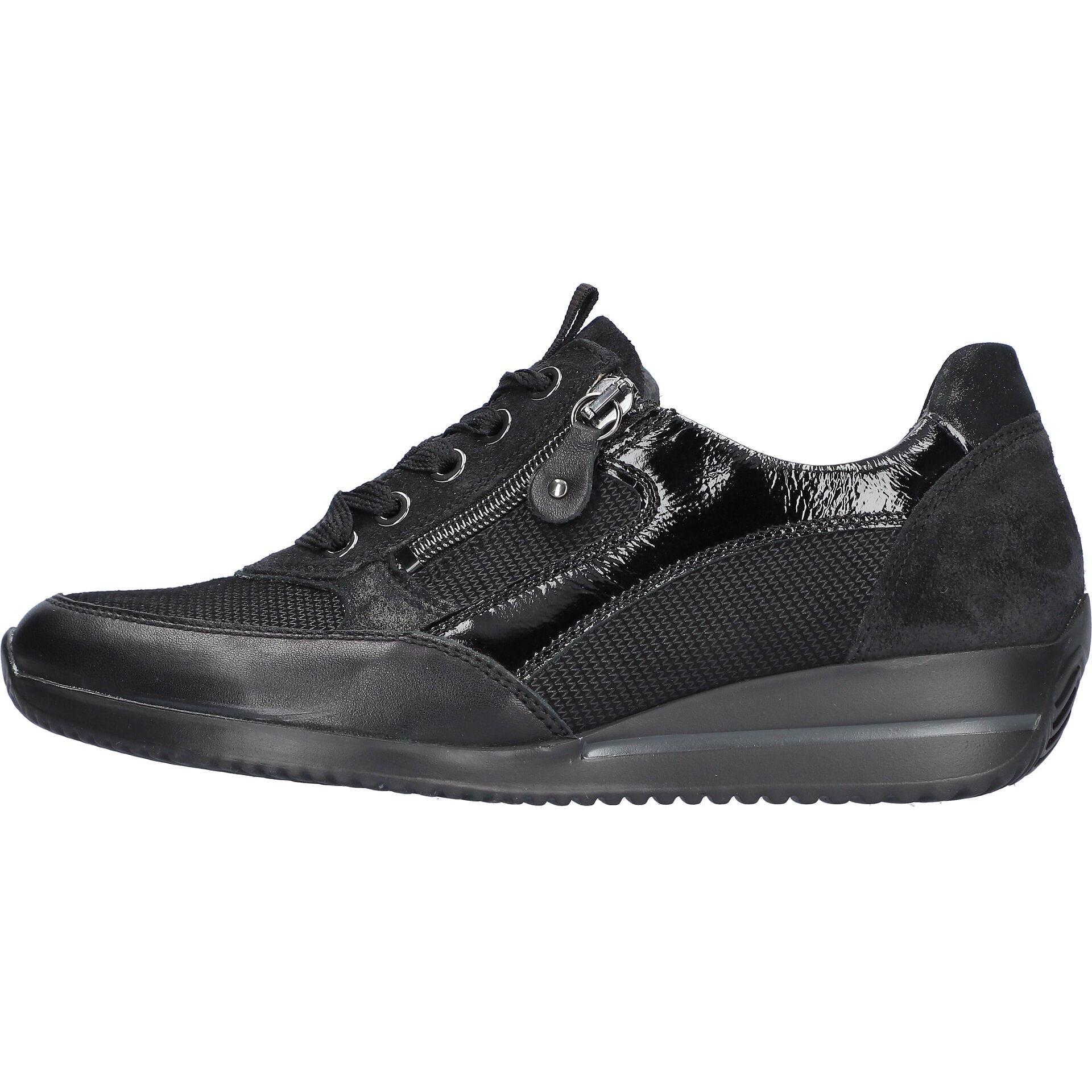 Waldlaufer 980008 613 001 Himona women's Wide Black Leather Arch Support Zip & Lace Trainers, front three-quarter view.