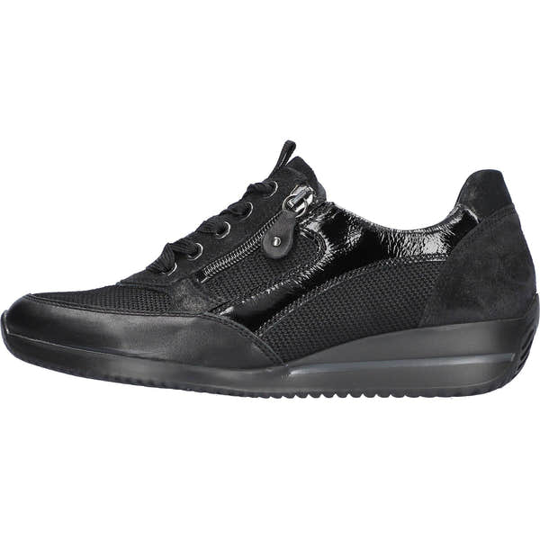 Waldlaufer 980008 613 001 Himona women's Wide Black Leather Arch Support Zip & Lace Trainers, front three-quarter view.