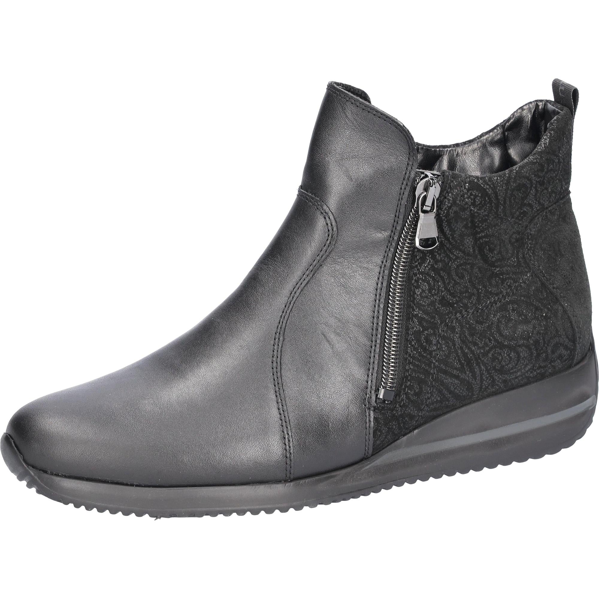 Waldlaufer Himona women's wide-fit black leather ankle boots with twin zippers, arch support, and decorative side panel.