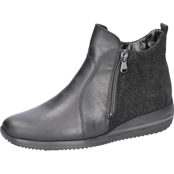 Waldlaufer Himona women's wide-fit black leather ankle boots with twin zippers, arch support, and decorative side panel.