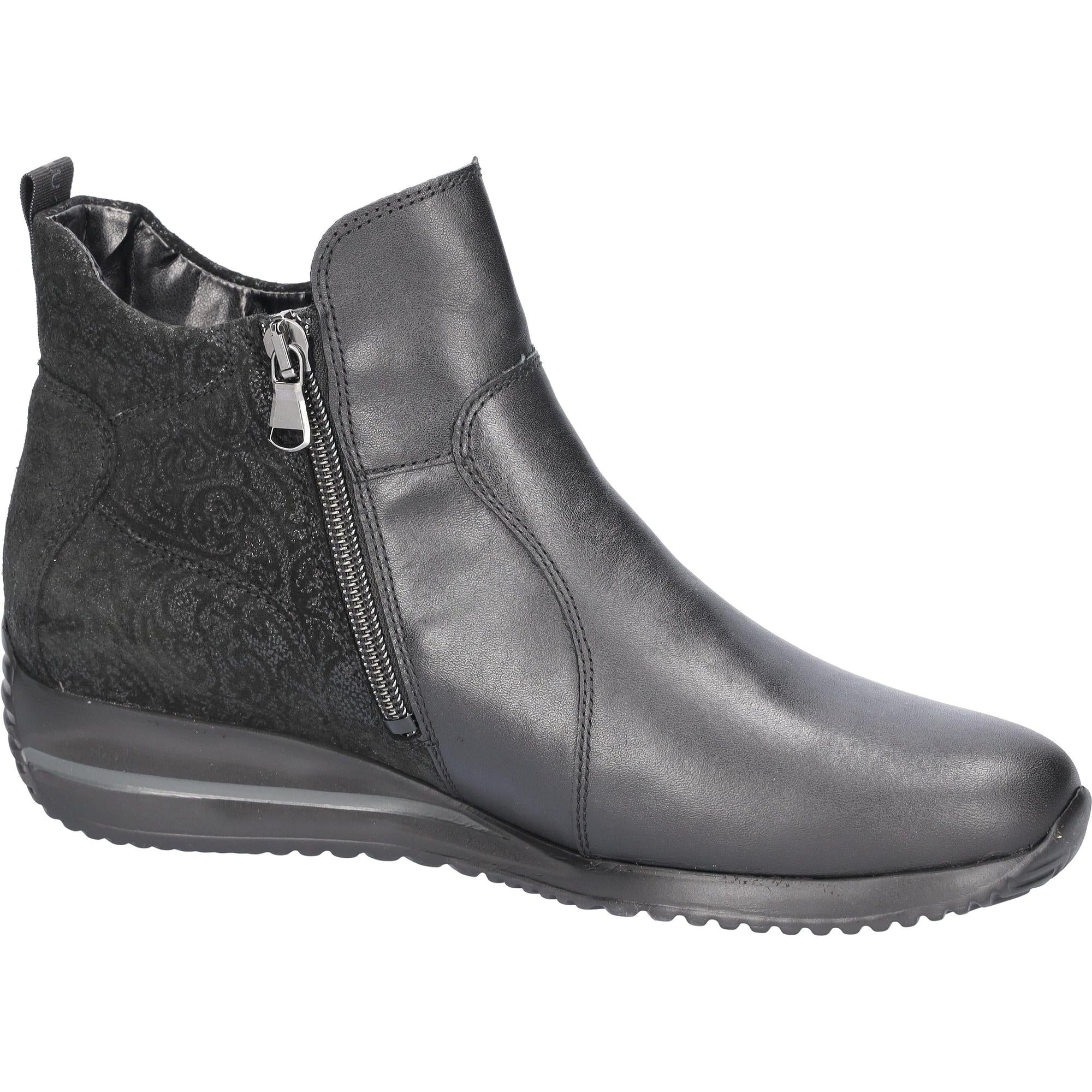 Waldlaufer Himona women's wide-fit black leather ankle boots with twin zippers and arch support, featuring decorative back panel.