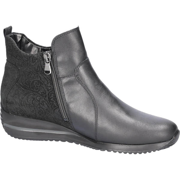 Waldlaufer Himona women's wide-fit black leather ankle boots with twin zippers and arch support, featuring decorative back panel.