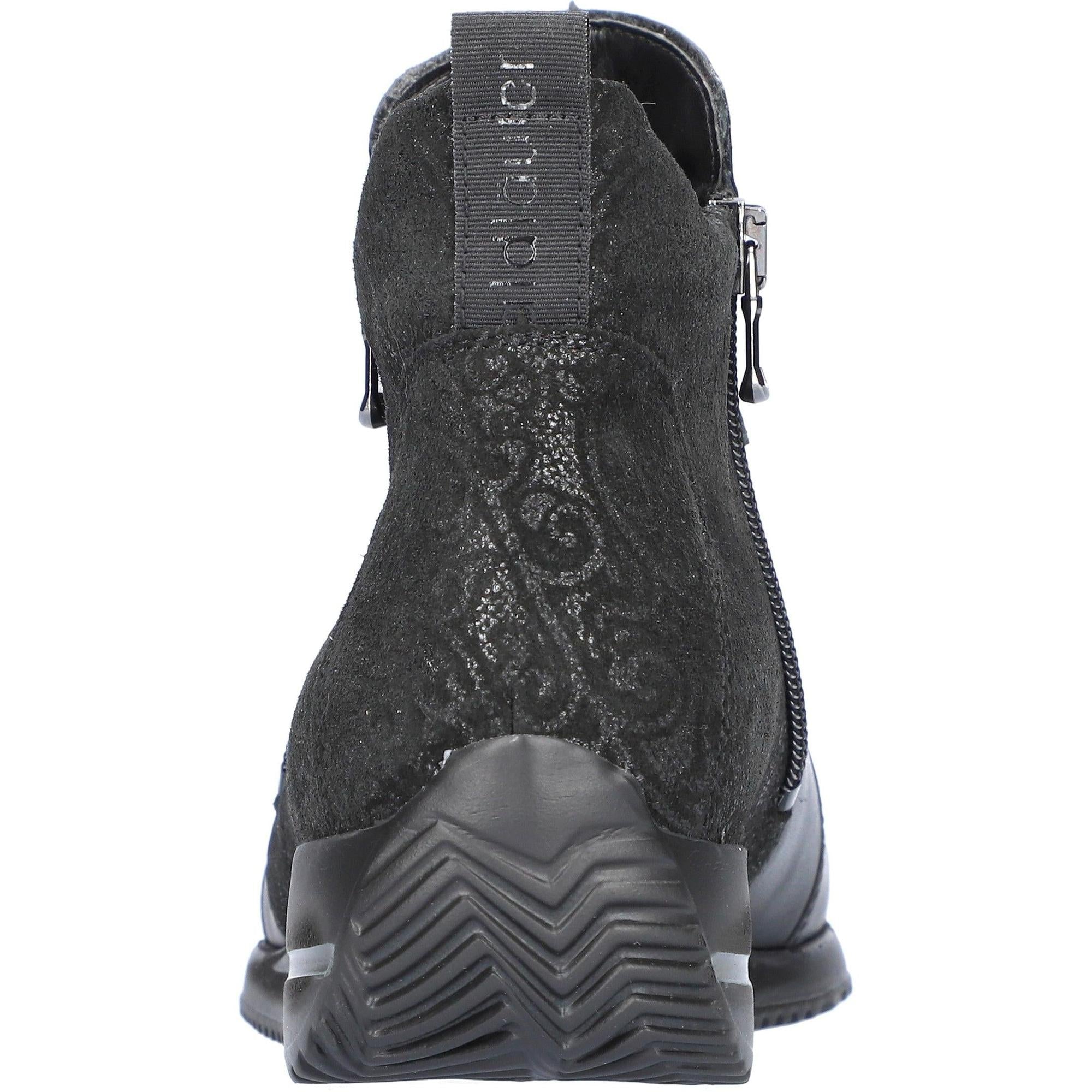 Waldlaufer Himona Ladies Wide Black Leather Ankle Boots with Arch Support and Twin Zippers, front view.