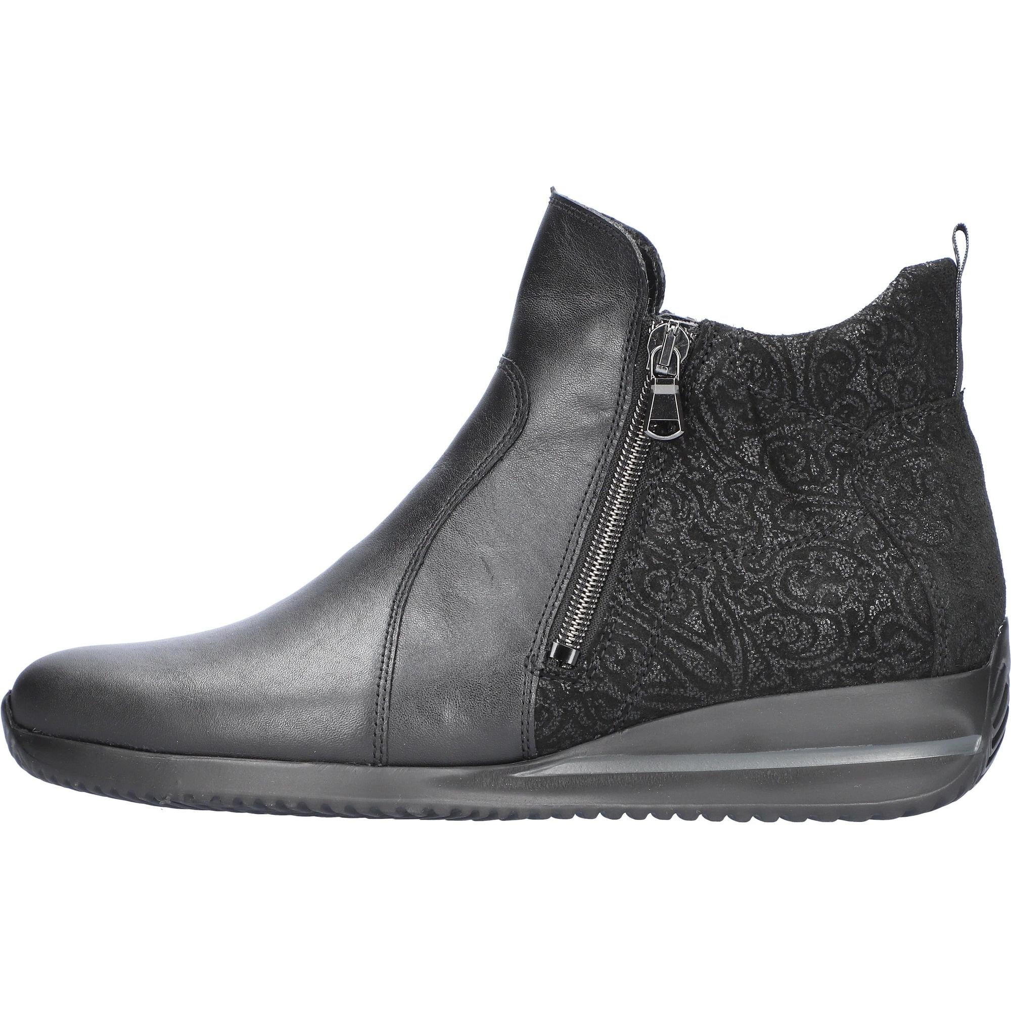 Waldlaufer Himona women's wide black leather ankle boots with twin zippers, arch support, and lace detail.