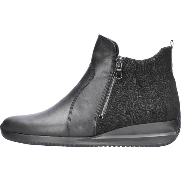 Waldlaufer Himona women's wide black leather ankle boots with twin zippers, arch support, and lace detail.