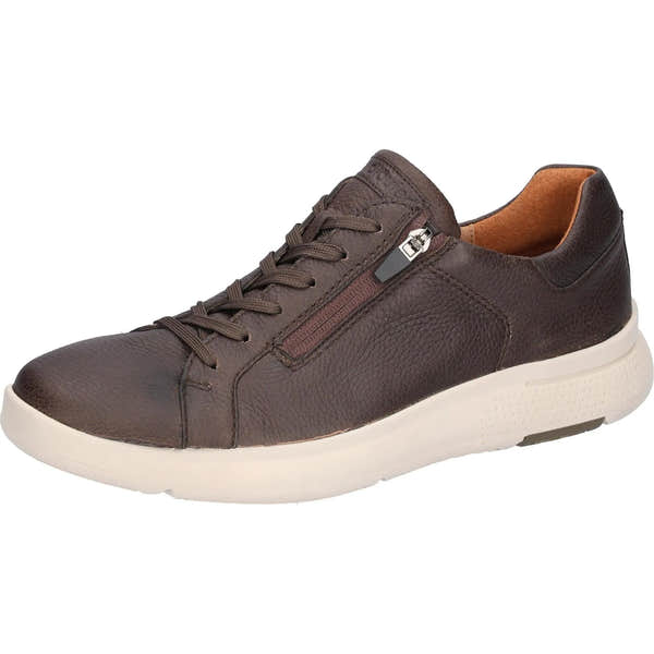 Waldlaufer men's wide brown leather athletic shoe with arch support, lace-up design, side zipper, and white rubber sole.