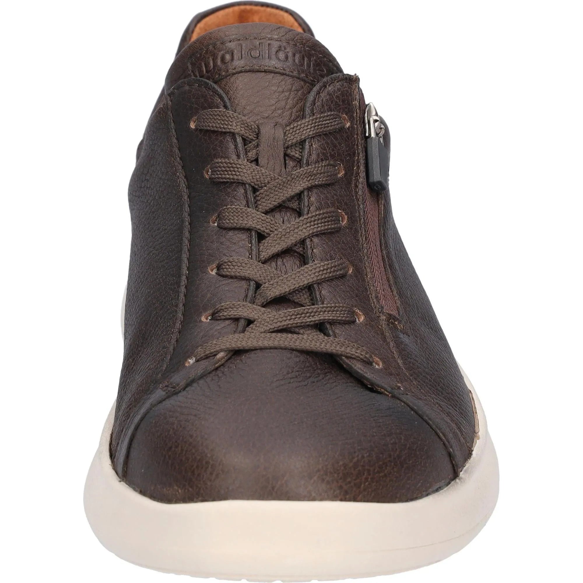 Waldlaufer Heiko men's wide brown leather sneaker with arch support, zip and lace closure, and white sole.