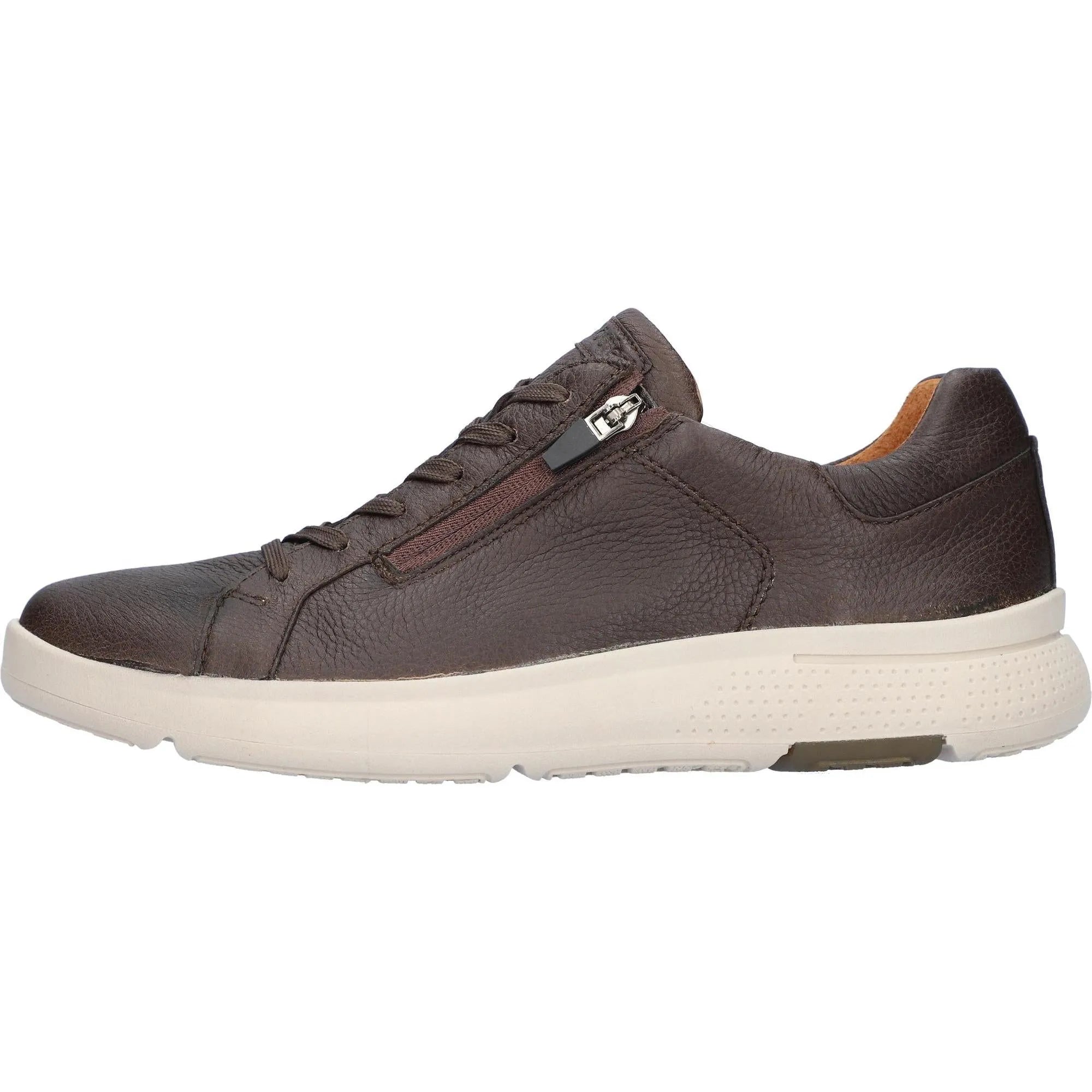Waldlaufer Heiko men's wide brown leather arch support sneakers with zip and lace closure.