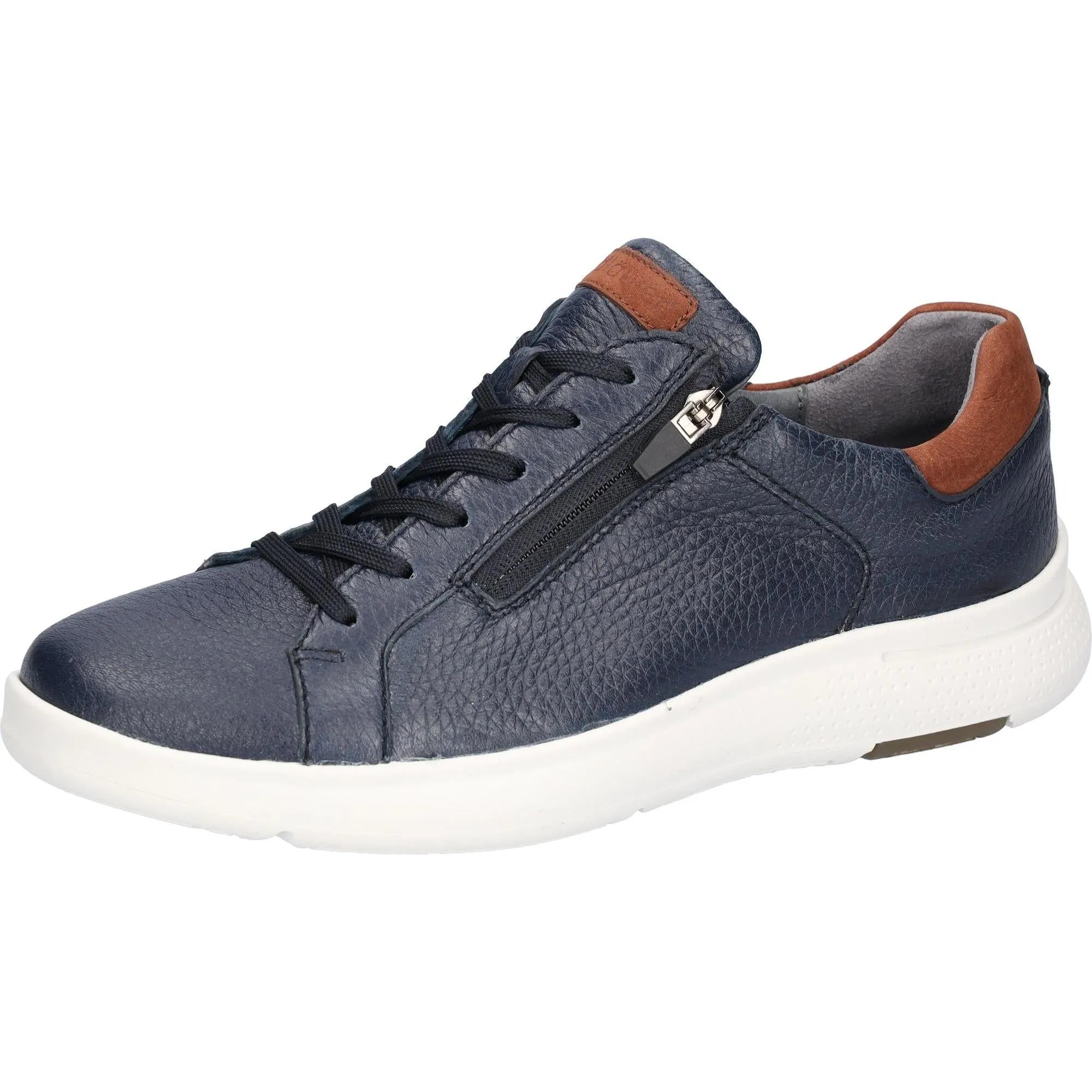 Waldlaufer Heiko men's wide blue leather sneakers with arch support, zip and lace closures, and white rubber sole.