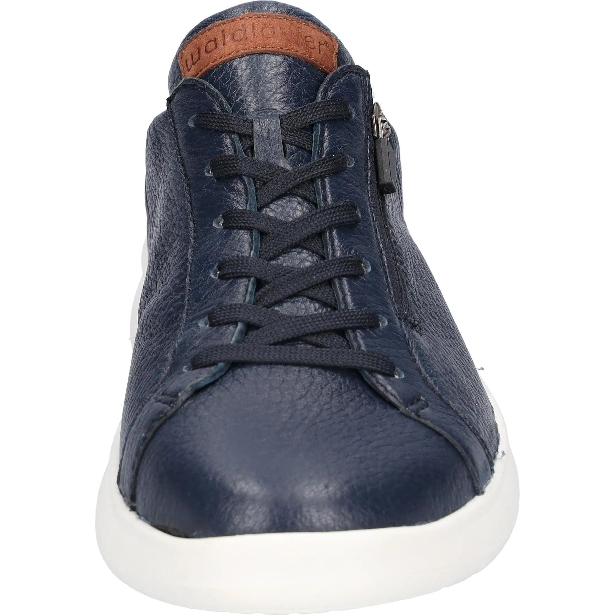 Waldlaufer men's wide blue leather arch support zip and lace casual shoes with a white sole.