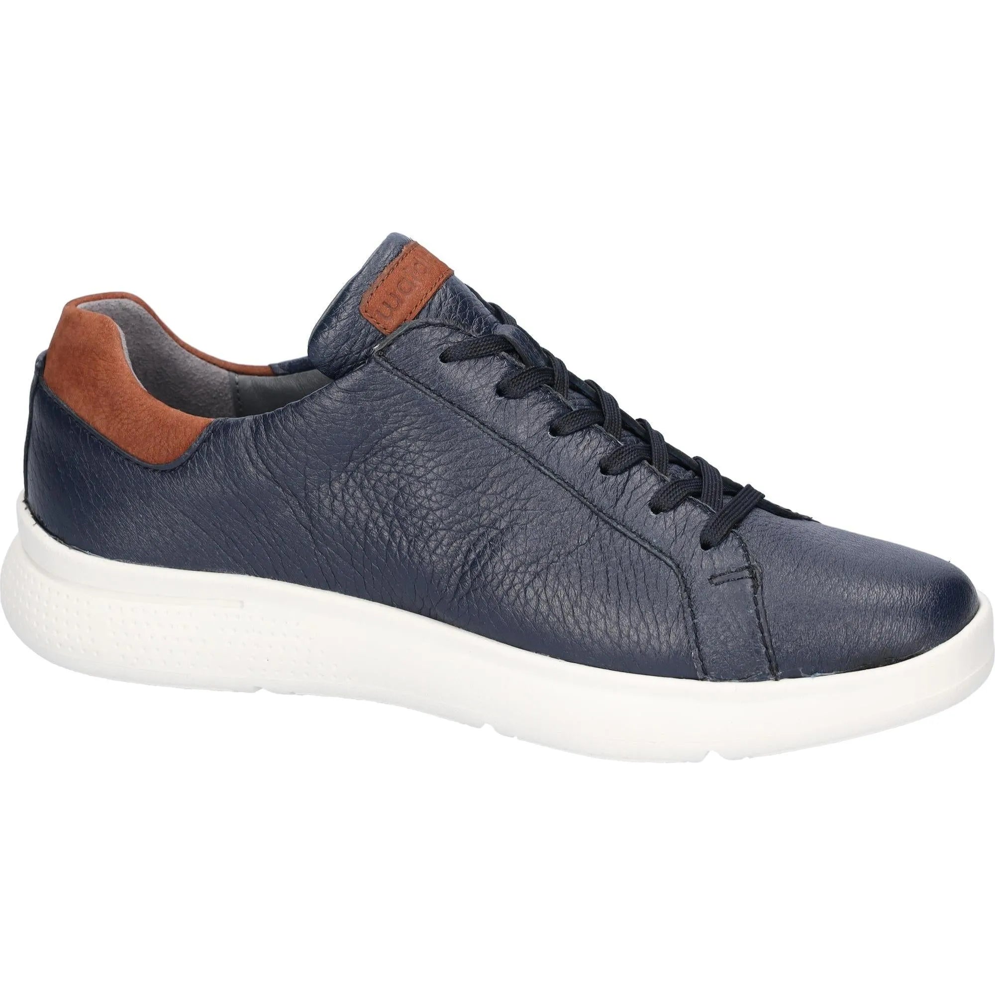 Waldlaufer Heiko men's wide fit blue leather sneakers with arch support, zip and lace closure, white sole.